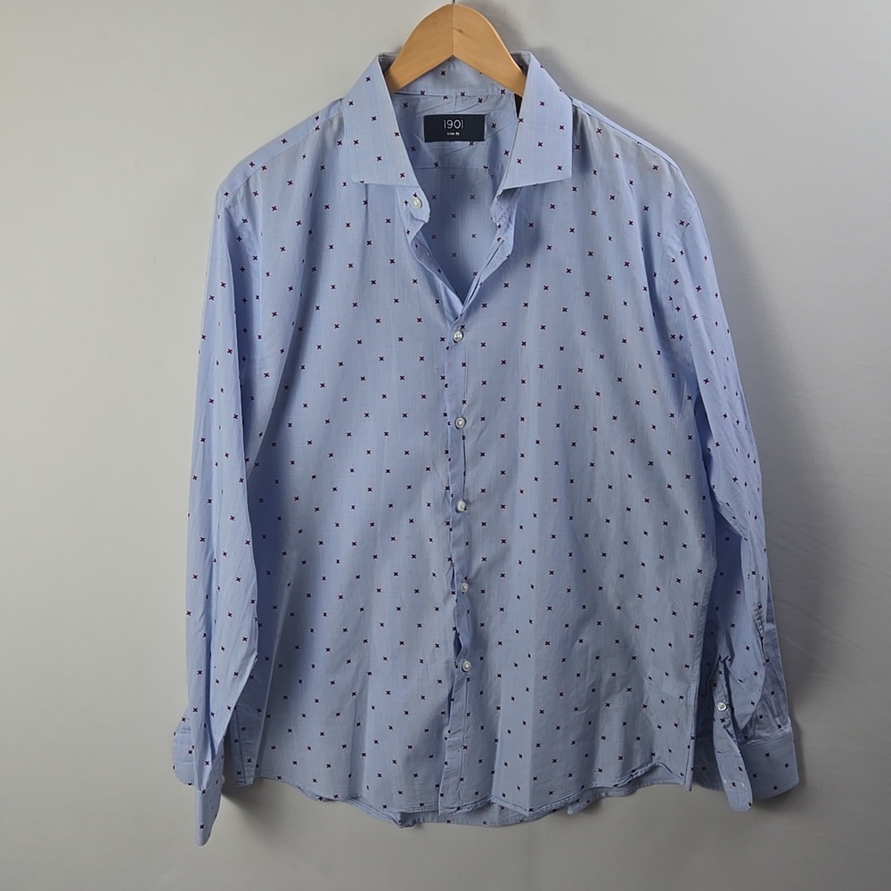 1901 Trim Fit Men's Lt Blue Longsleeve Shirt Sz 16 1/2 Red Embroidered Accents